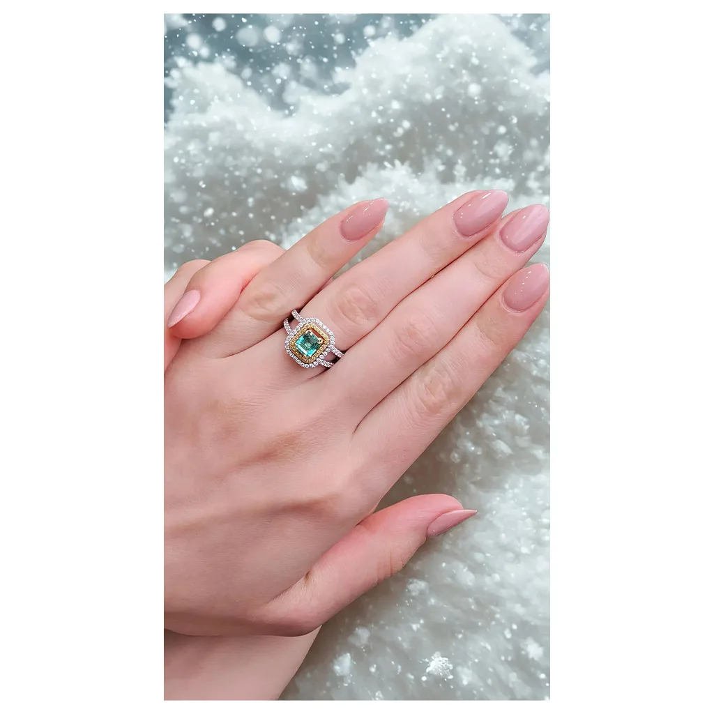 18Ct White Gold Emerald And Yellow/White Diamond Halo Ring