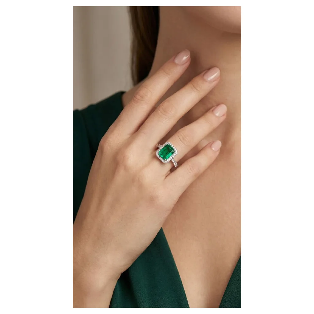 18K 750 WHITE GOLD EMERALD DIAMOND RING 18KW