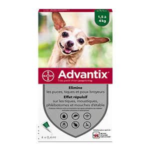 Advantix - Kirppujen esto - Erittäin pieni koira - 1,5 kg - 4 kg - 4 pipettiä 0,4 ml - ELANCO - Products-veto.com
