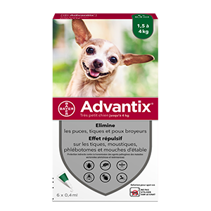 Advantix - Anti-fleas - Very Small Dog - from 1,5 kg to 4 kg - 6 pipettes of 0,4 mL - ELANCO - Products-veto.com