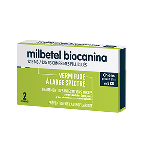 Milbetel - Vermífugo de amplo espectro - Cão acima de 5 kg - 2 comprimidos - BIOCANINA - Produits-veto.com