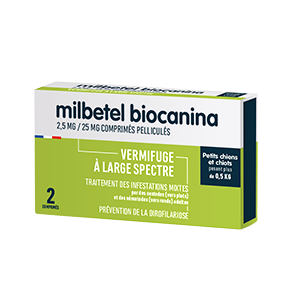 Milbetel - مضاد للديدان واسع الطيف - الجراء والكلاب الصغيرة أكثر من 0,5 كجم - 2 حبة - BIOCANINA - Produits-veto.com