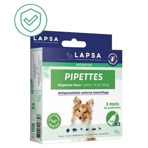 Pipettes Antiparasitaires - Insectifuge - Chien - de 15 a 30 kg - Moyenne Race - 3 pipettes - LAPSA - Produits-veto.com