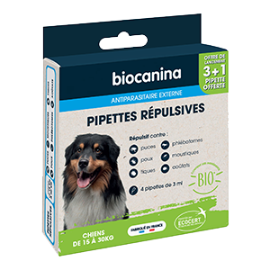 Pipetas - repelentes - ORGÂNICOS - Antiparasitários externos - Pulgas - Cachorro - de 15 a 30 kg - Biocanina - Produits-veto.com