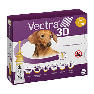 Vectra 3D - puces, tiques et insectes volants - Chien - XS - 1,5 à 4 Kg - 4 pipettes - CEVA