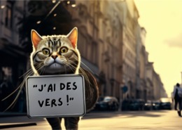 Chat qui porte une pancarte dans la rue, j'ai des vers pour être traité