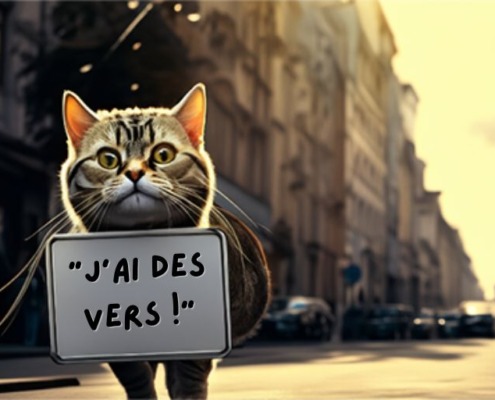 Gato llevando un cartel en la calle, tengo gusanos que tratar