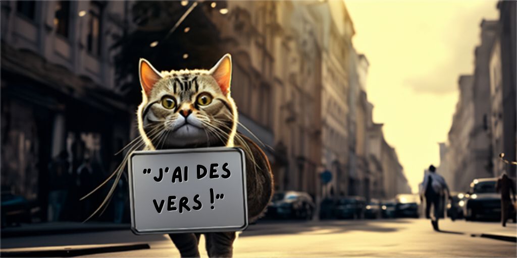 Chat qui porte une pancarte dans la rue, j'ai des vers pour être traité