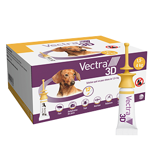 Vectra 3D - pulgas, carrapatos e insetos voadores - Cão - XS - 1,5 a 4 Kg - 12 pipetas - CEVA