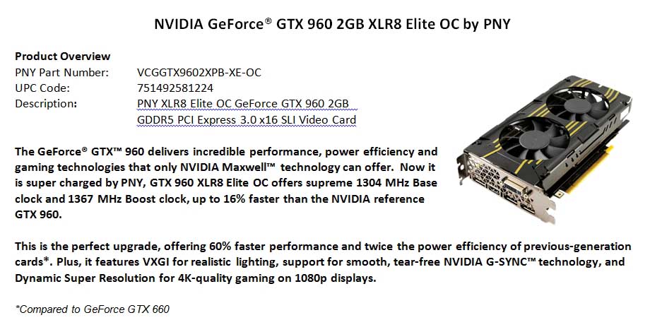 spec - PNY Geforce XLR8 GTX 960 Elite