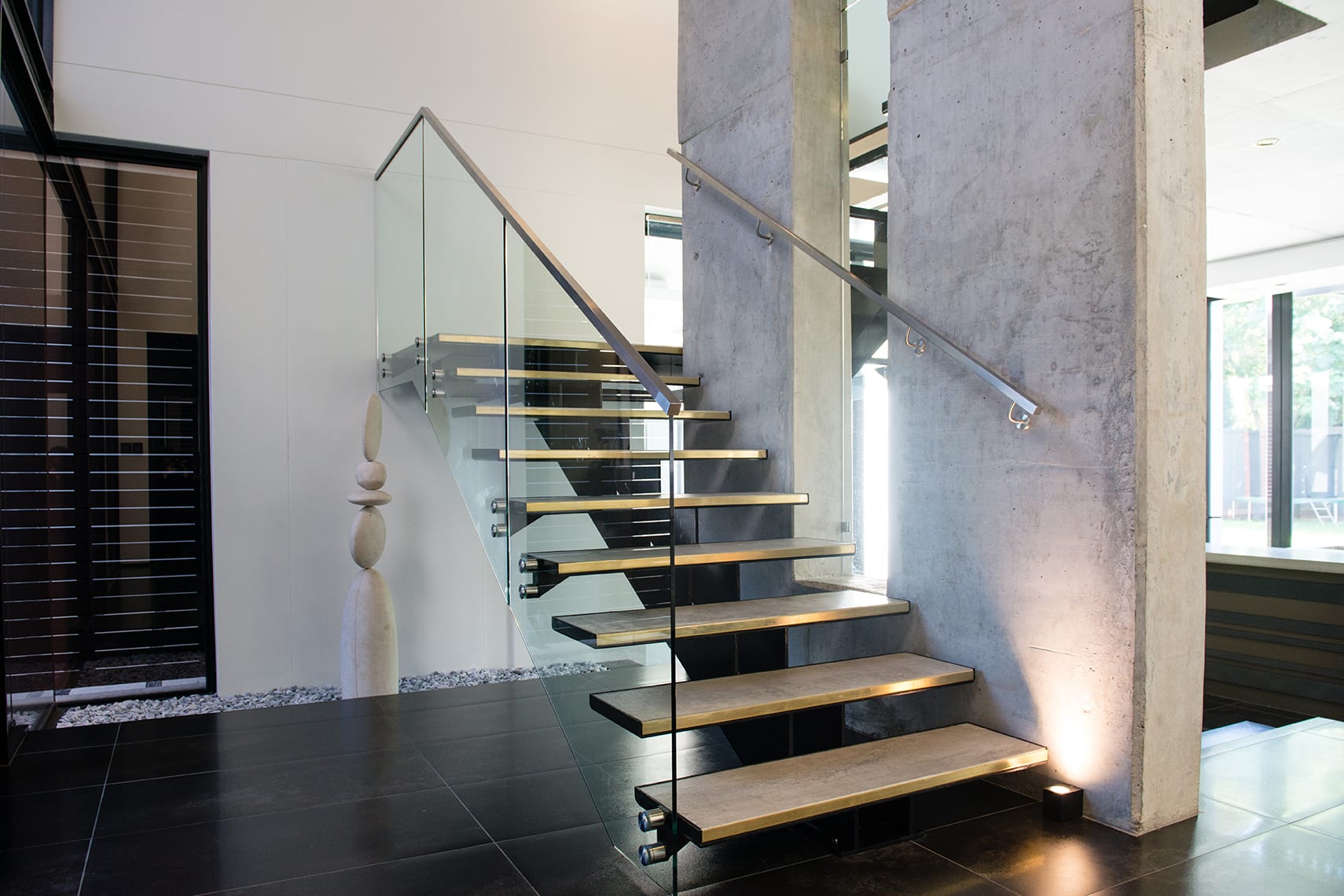 custom mild steel staircase with side fix glass balustrades and stainless handrail