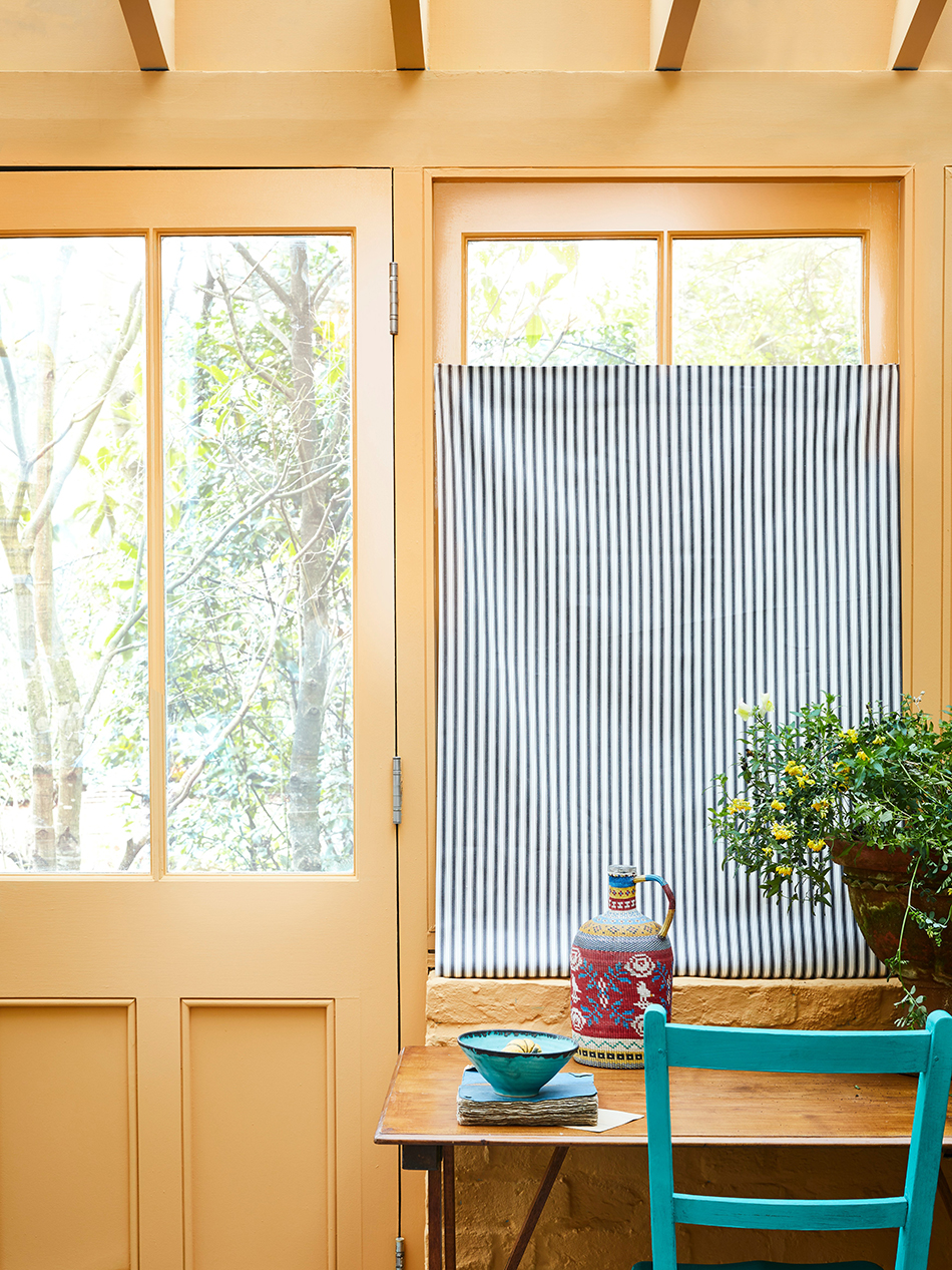 Sunroom - Chalk Paint in Arles, Ticking in Graphite window panel, chair in Florence 