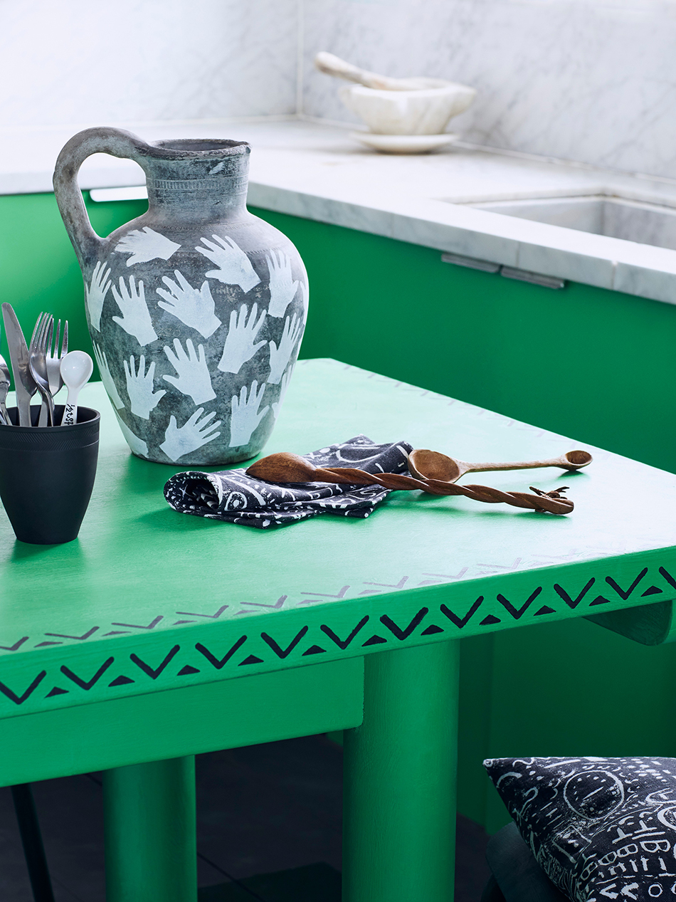 Annie Sloan Kitchen - Chalk Paint in Antibes Green with Valeska stencil, Hands stencil on jug, fabric in Tacit Lifestyle 