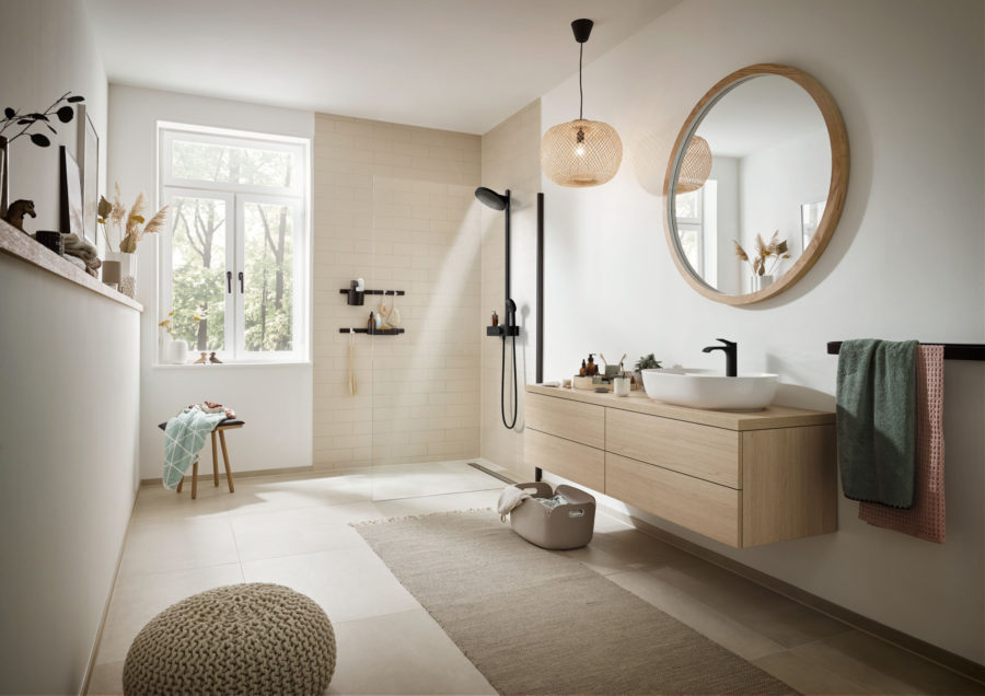 A hansgrohe bathroom showcasing the Pulsify showerhead 