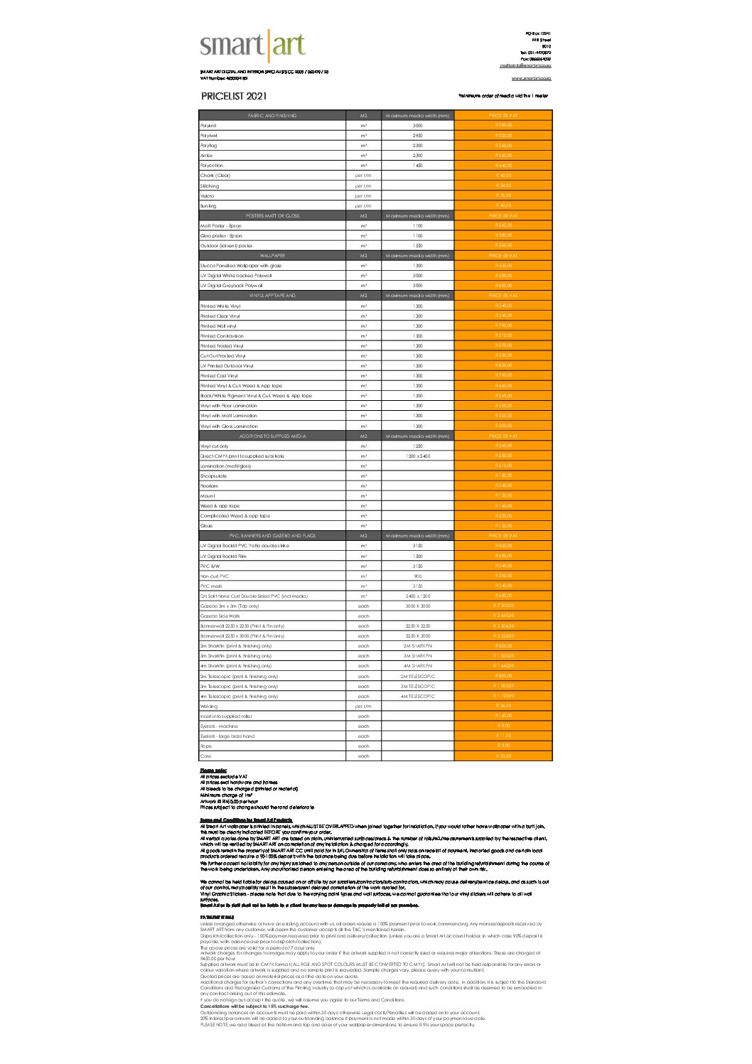 Smart Art Pricelist