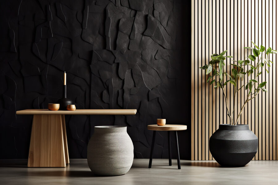 Grey wall panels and a black side table in minimalistic interior design composition. Generative AI