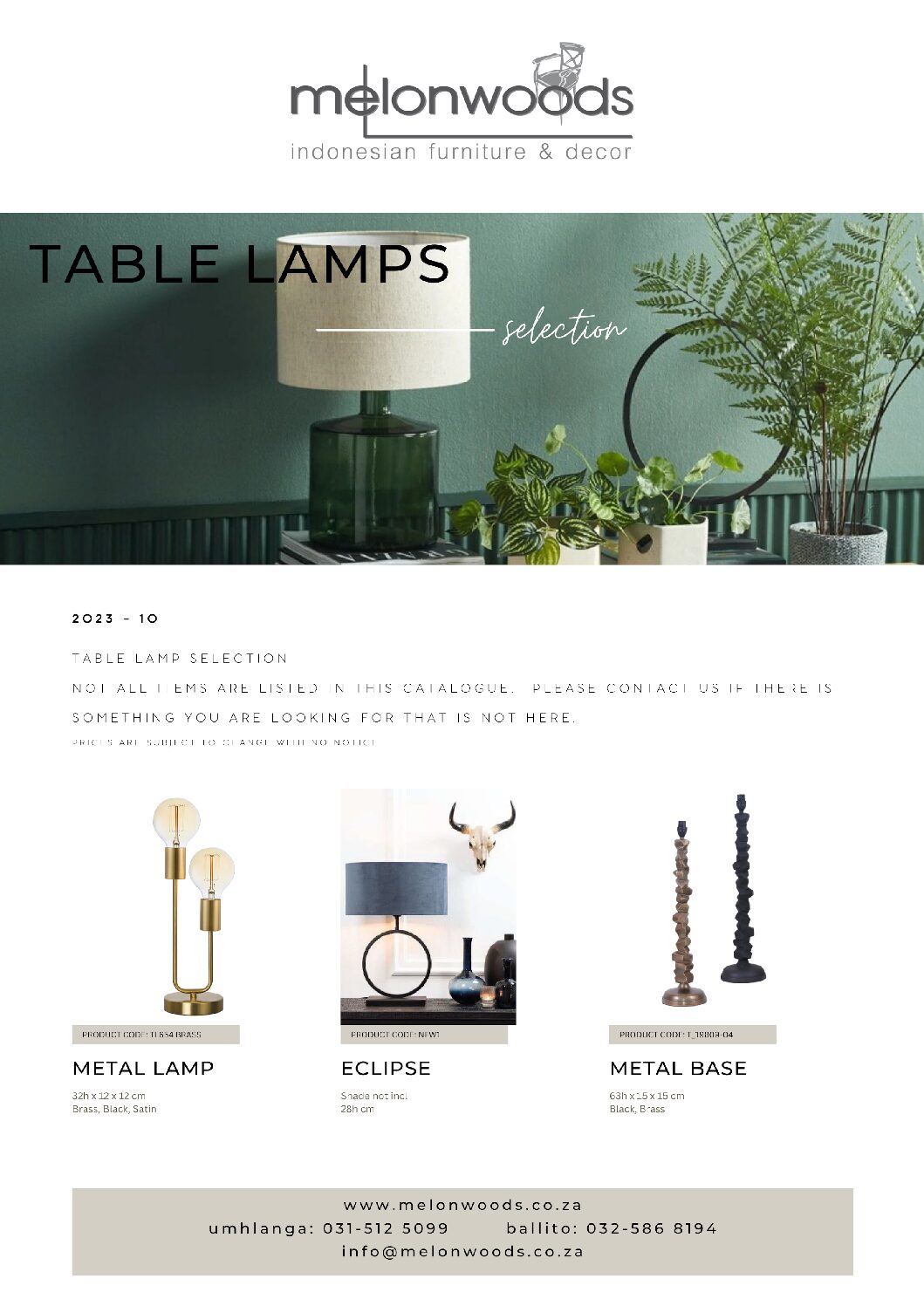 Melonwoods Table Lamps Catalogue