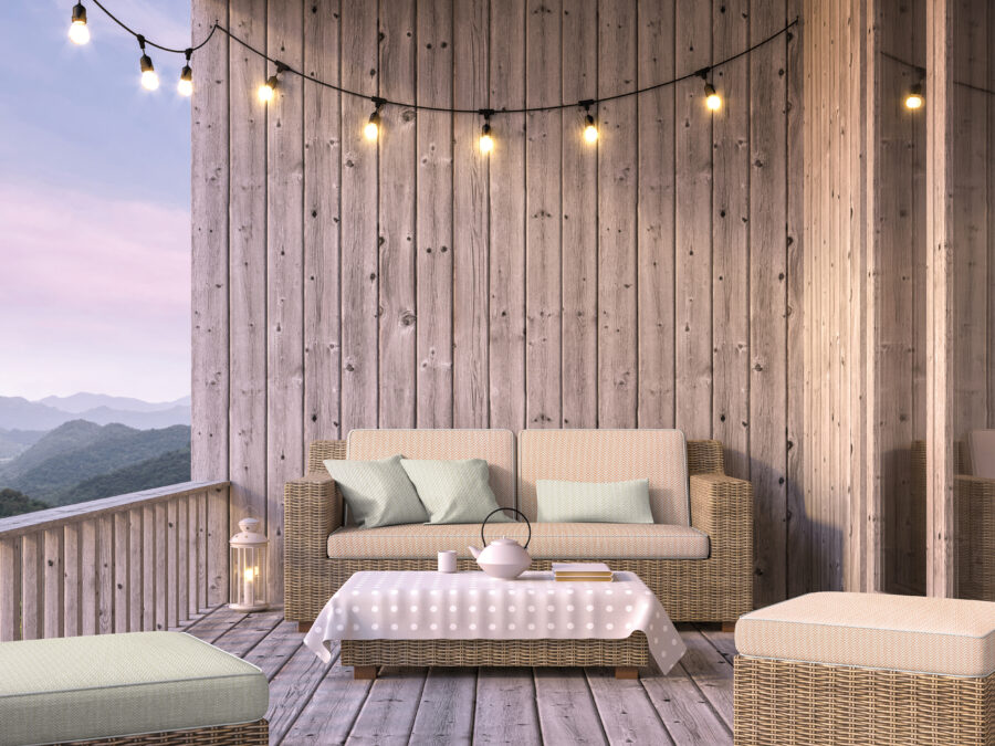 Wooden balcony with mountain view 3d render, The floor and walls