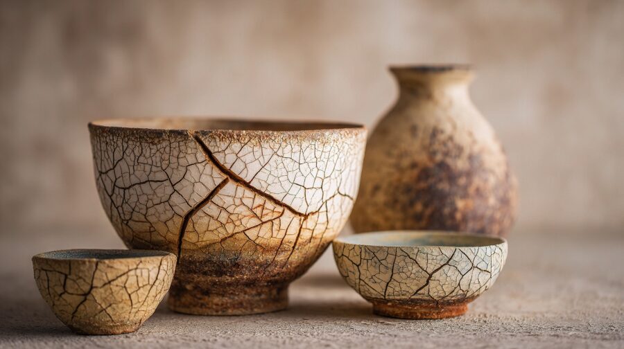 Artistic Composition of Clay Pottery with Cracks and Wabi Sabi Aesthetic