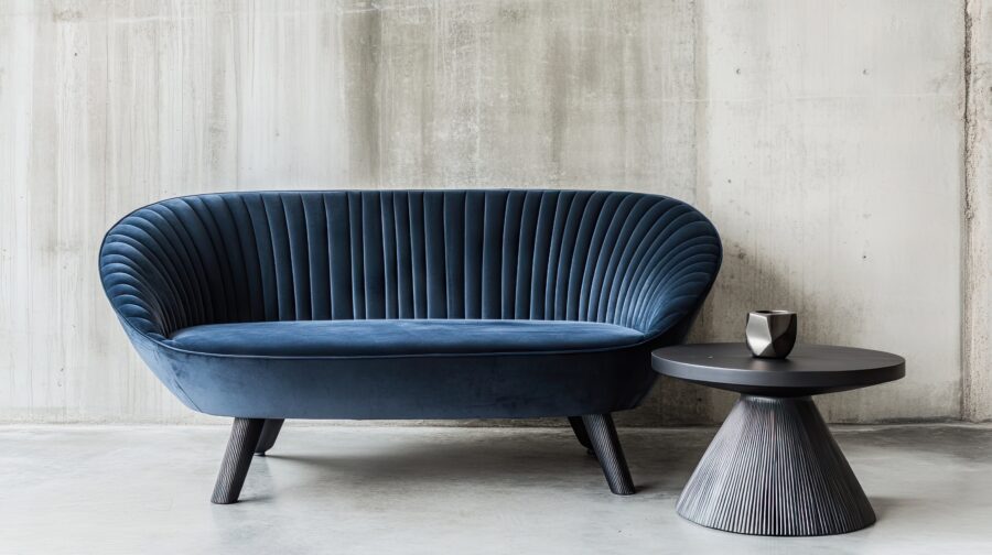 Contemporary upholstered sofa and side table in modern interior.