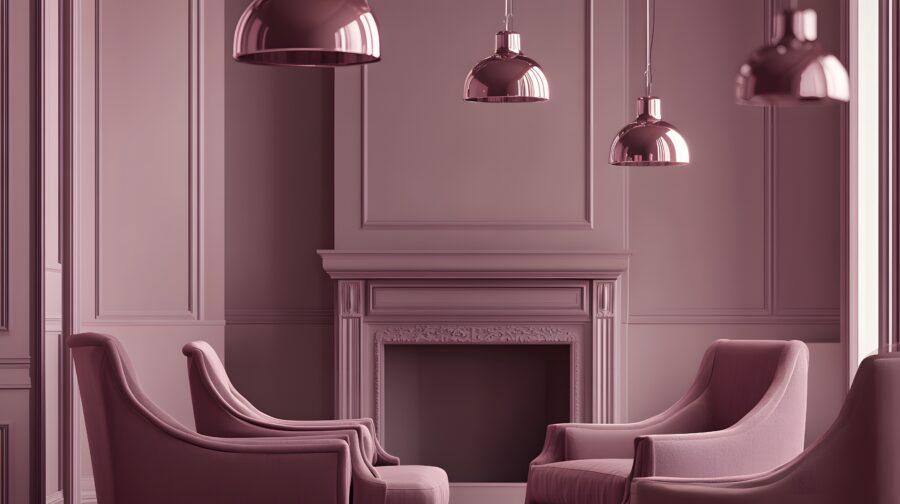 Elegant mauve-toned room interior with fireplace and armchairs.