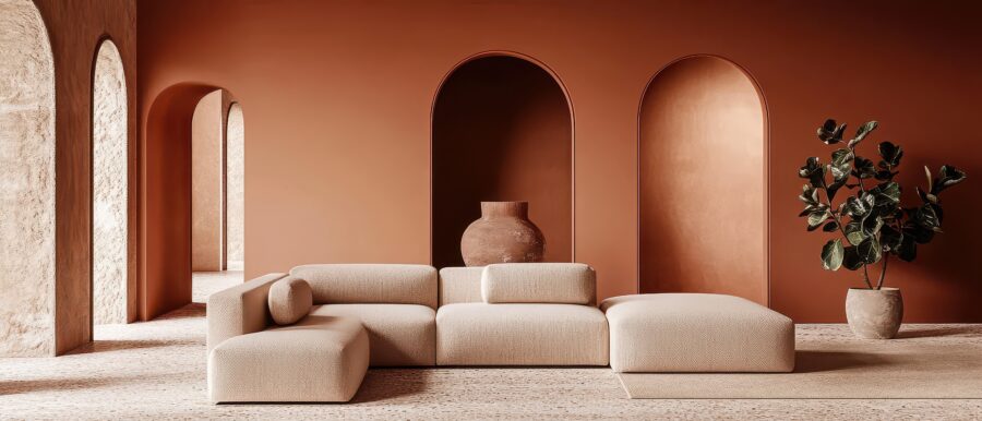 Interior design showcasing minimalist sofa with arches and terracotta walls in a modern setting; front view emphasizing textures and earthy tones