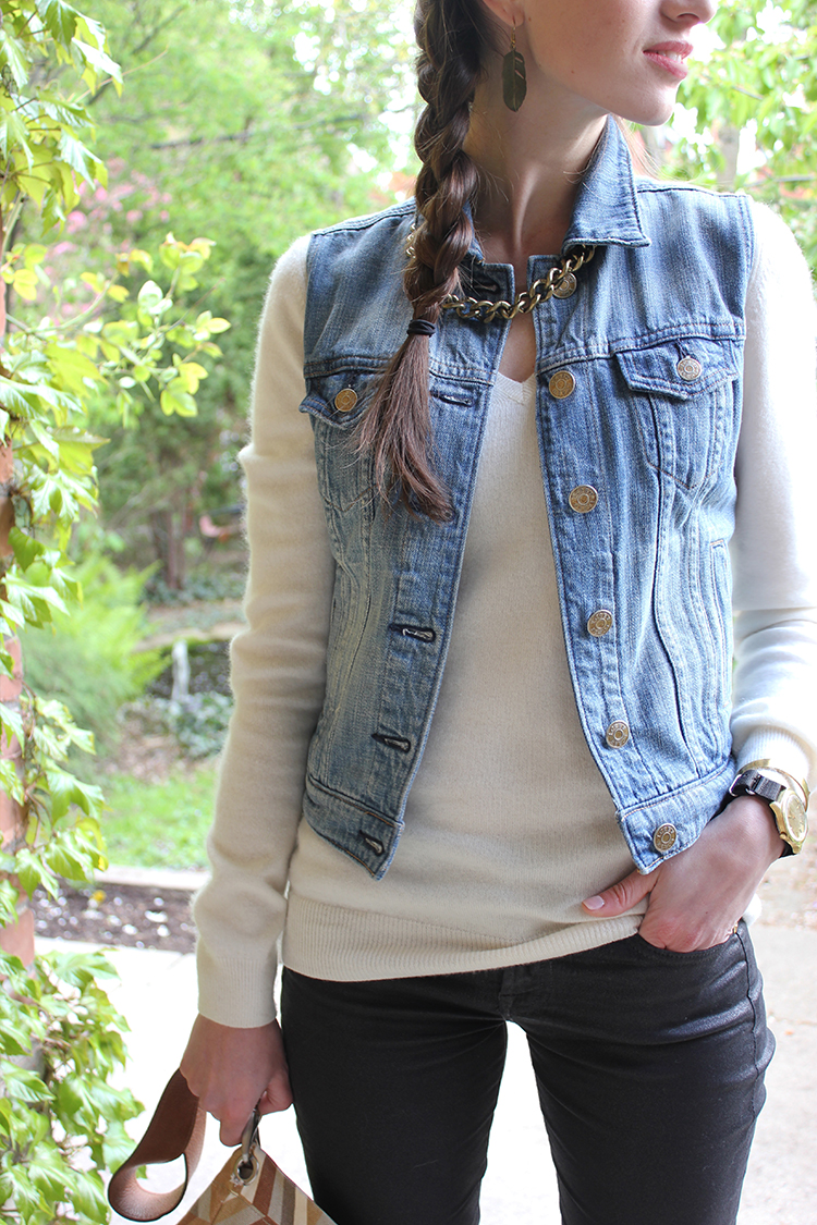 Style Bee in Black pants, white sweater and jean vest.