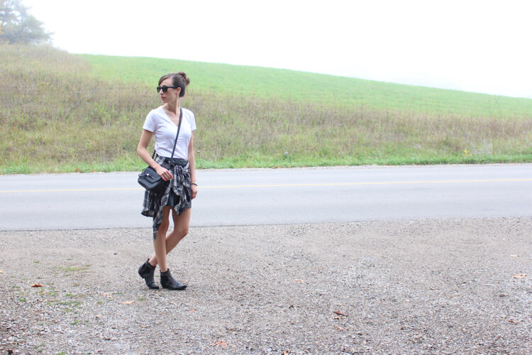 Style Bee wearing Rails LA plaid shirt, Mackage bag, Anine Bing boots and leather skirt.