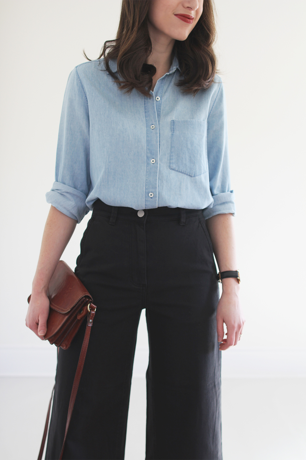 Chambray Shirt and Black Crop Pants