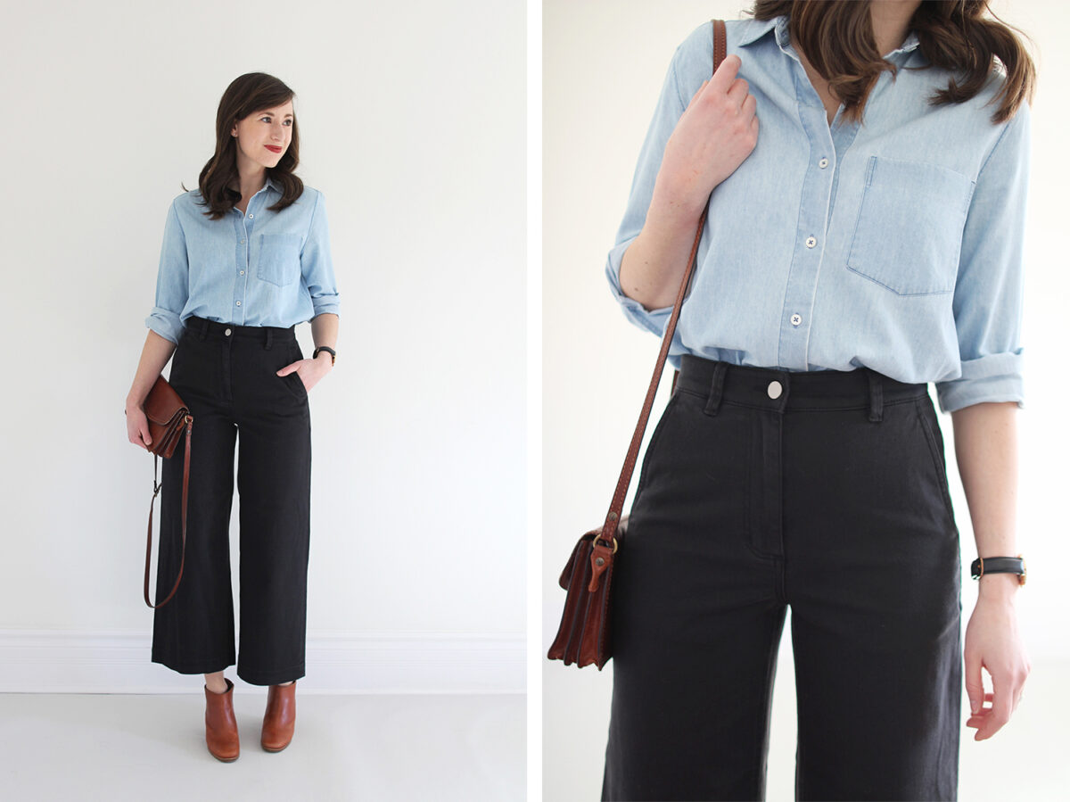 Button-Trim Wide-Leg Cropped Pants