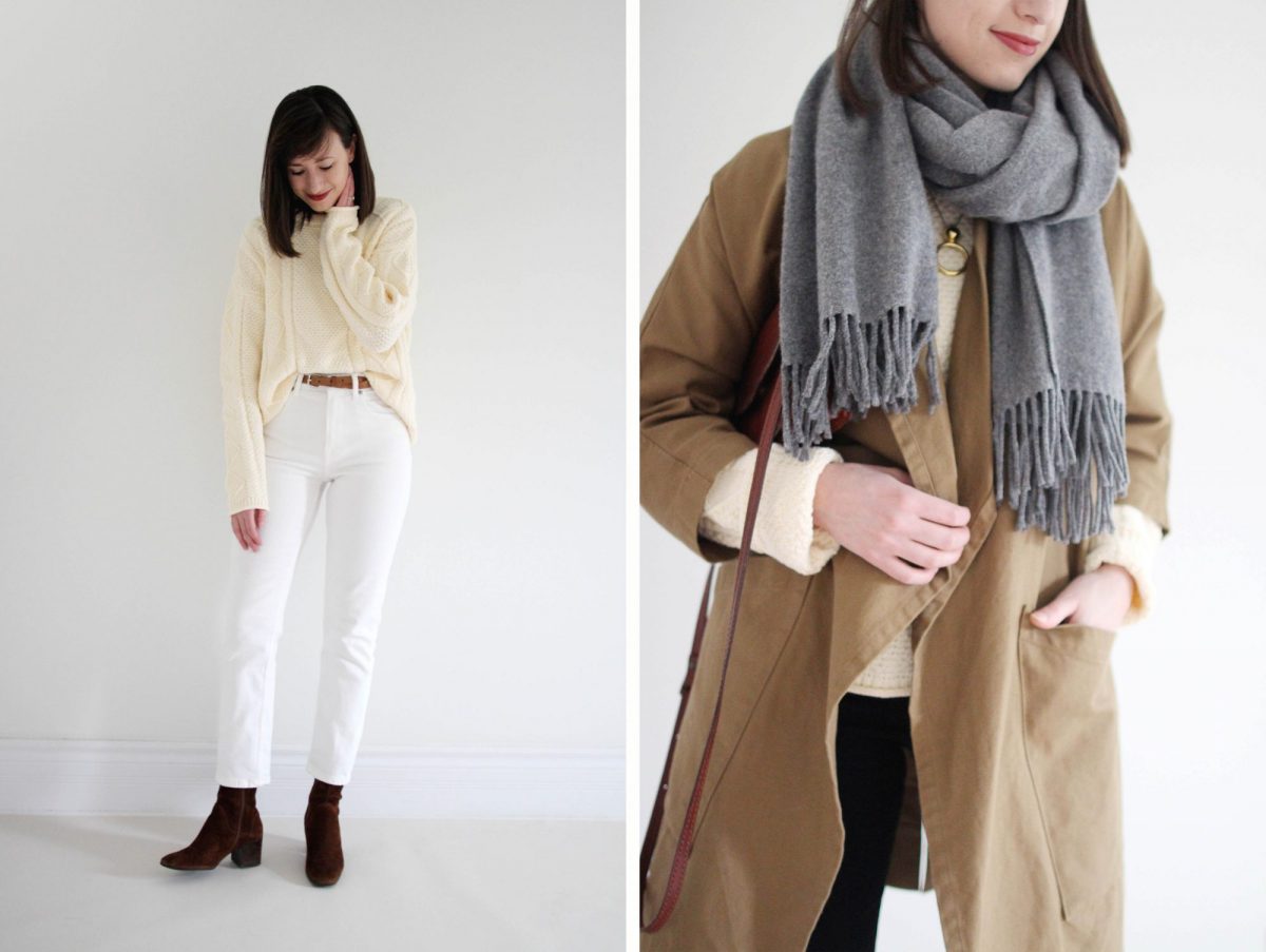 NEUTRALS FROM FISHERMAN COCOON CREWNECK + BUCKET BAG OUTFIT