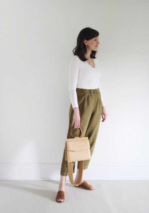 Style Bee - August Outfits Look 1 - White Bodysuit + Olive Andy Pant + Suede Slides + Structured Tan Bag