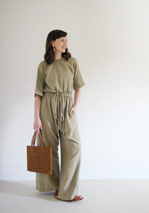 Style Bee - August Outfits - Look 3 - Duffy Jumpsuit + Suede Slides + Beaded Bag + Woven Earrings