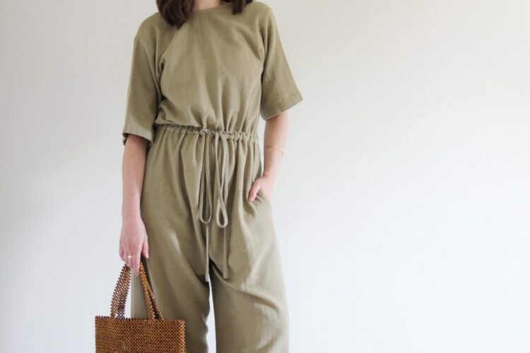 Style Bee - August Outfits - Look 3 - Duffy Jumpsuit + Suede Slides + Beaded Bag + Woven Earrings