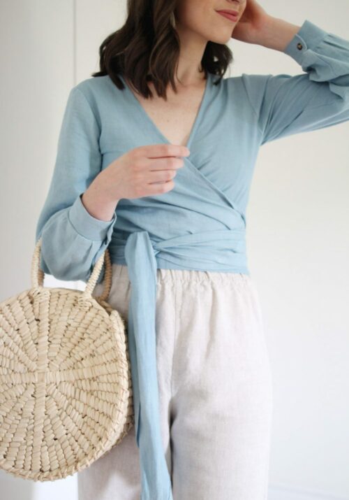 Style Bee - August Outfits #3 - Blue Wrap Top + Flax Florence Pant + Gemma Flat Sandal + Circulo Tote + Tassel Earrings