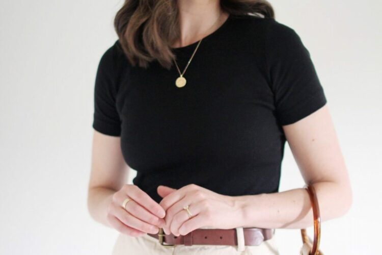 Style Bee - August Outfits - Look 6 - Black Tee + Cream Skirt + Brown Belt _Suede Slides + Structured Bag