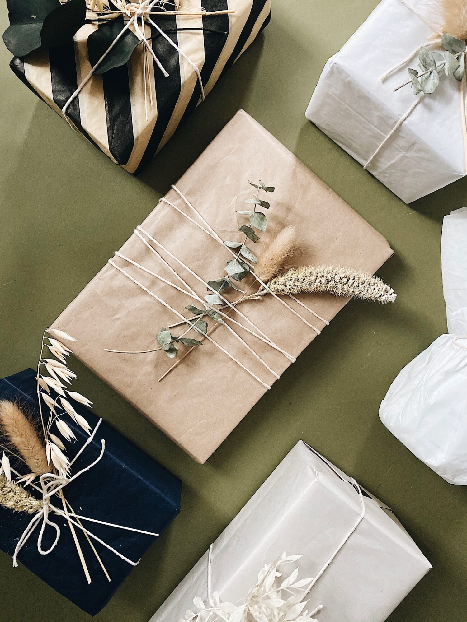 binder-twine and evergreen sprigs, gift wrapping