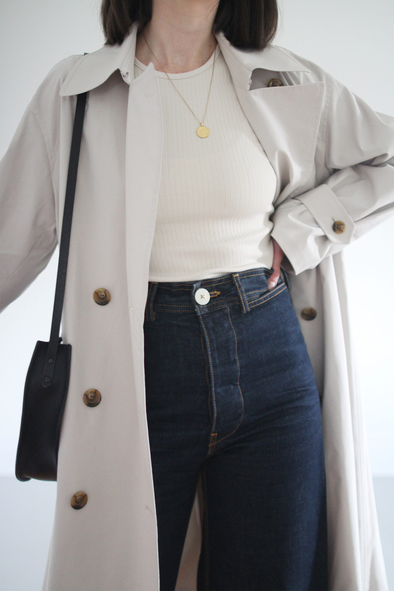 LONG CAMEL KNIT, WHITE TEE, BLACK WIDE LEG PANTS AND SUEDE CLOGS