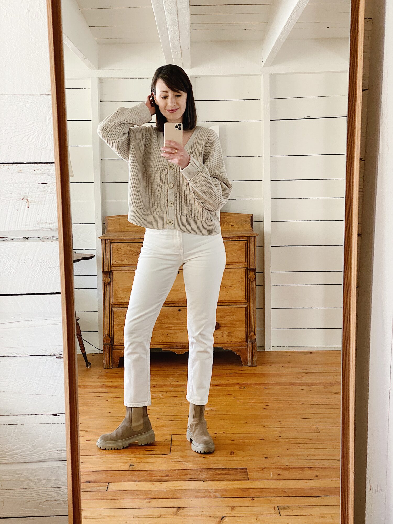 LONG CAMEL KNIT, WHITE TEE, BLACK WIDE LEG PANTS AND SUEDE CLOGS - Style Bee