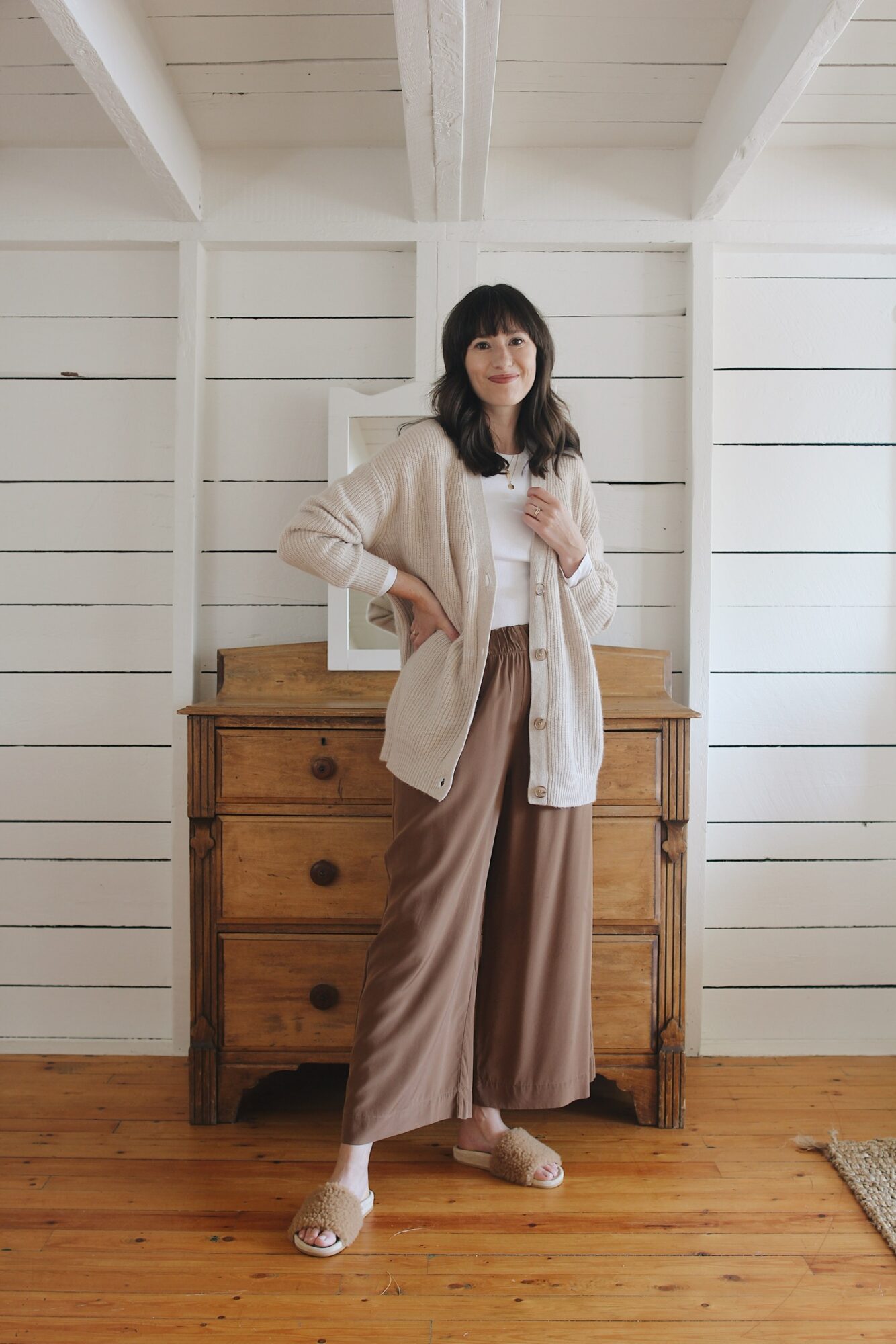 COCOON CARDIGAN, SILK PANTS AND SLIPPERS - Style Bee