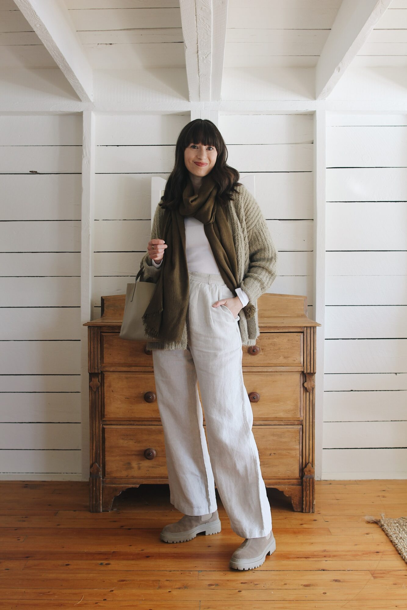 GREEN CARDIGAN, LINEN TROUSERS AND LUG SOLES - Style Bee