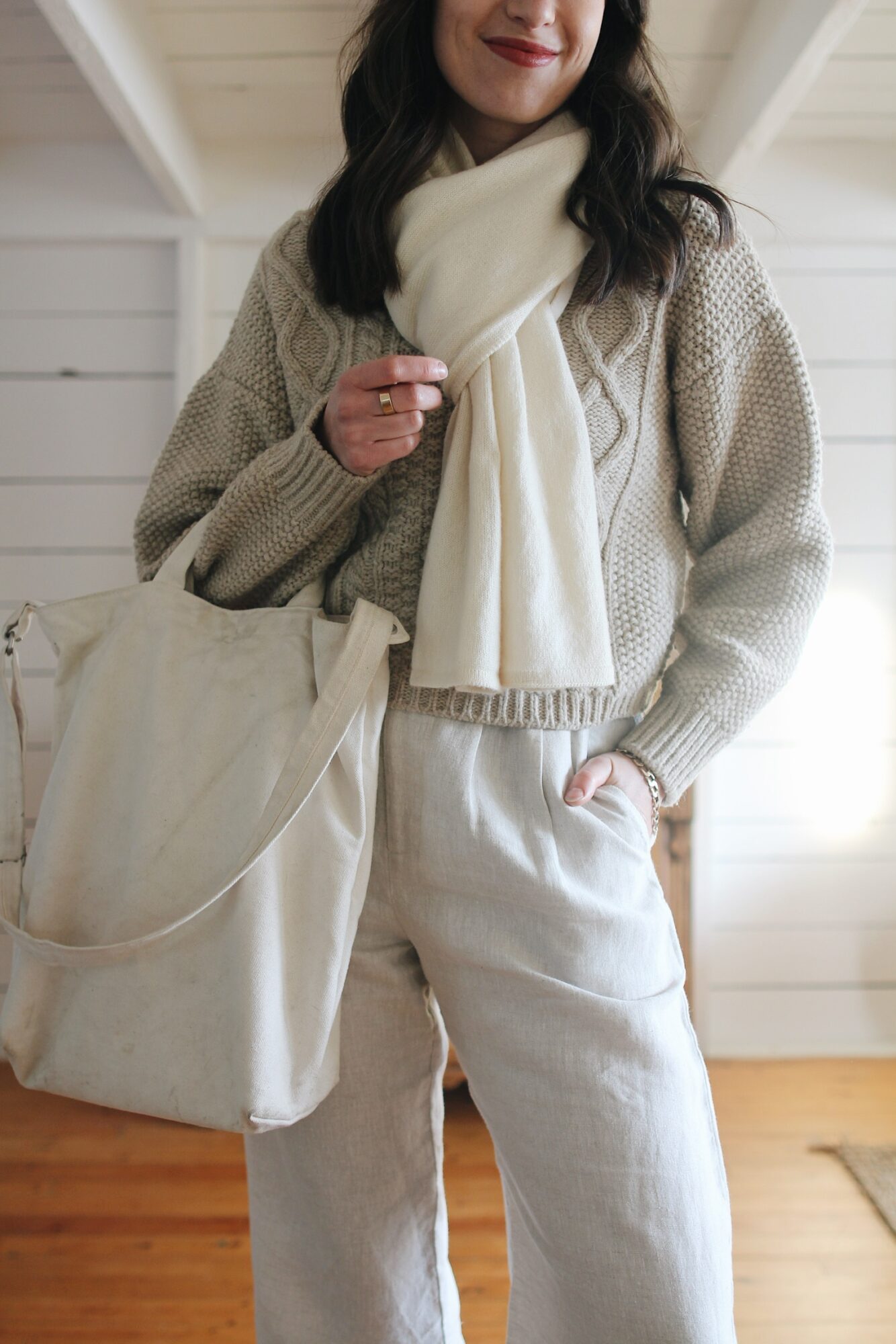 CABLE KNIT SWEATER, LINEN TROUSERS AND SUEDE BOOTS