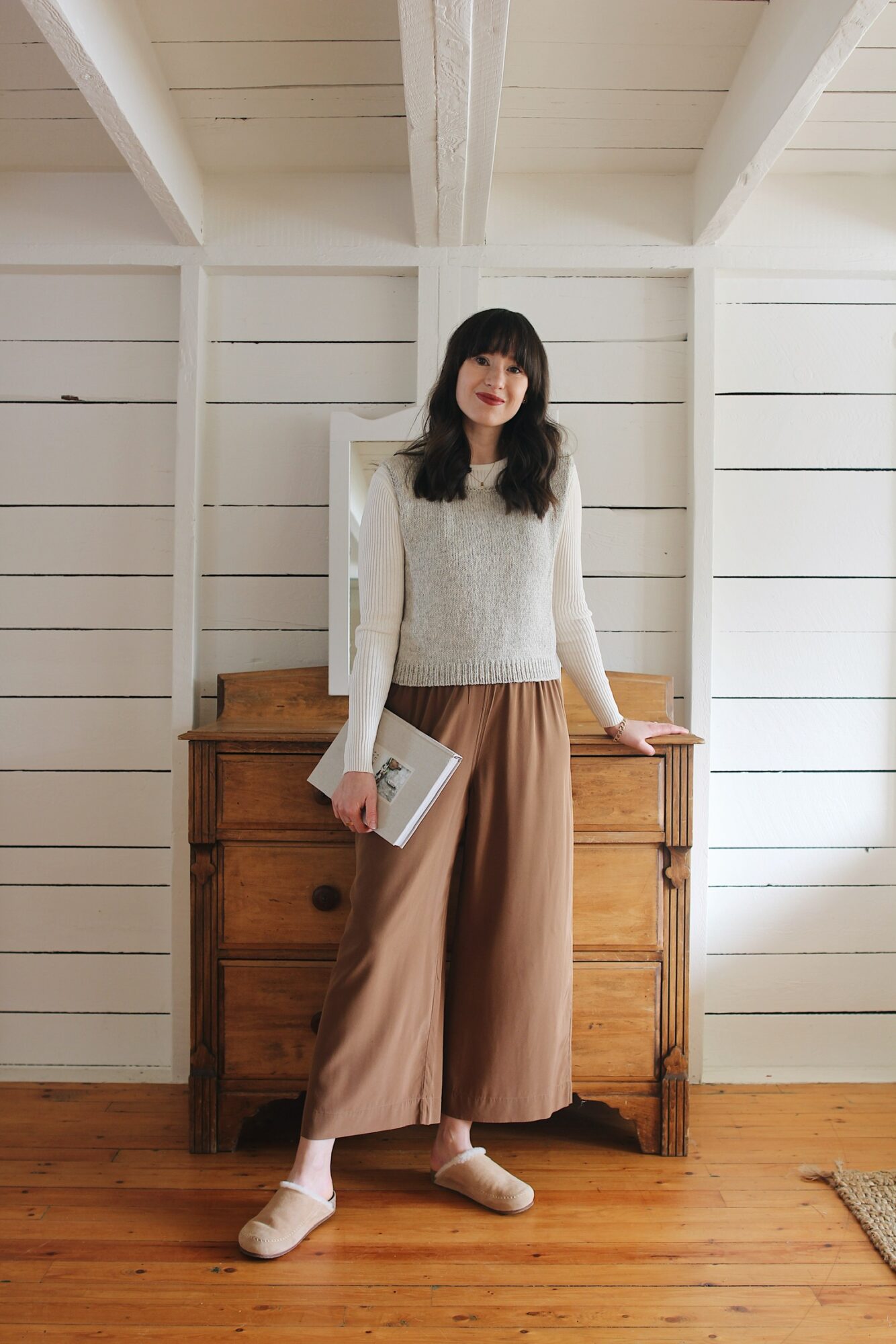 KNIT VEST, LONG SLEEVE, SILK PANTS AND SLIPPERS - Style Bee