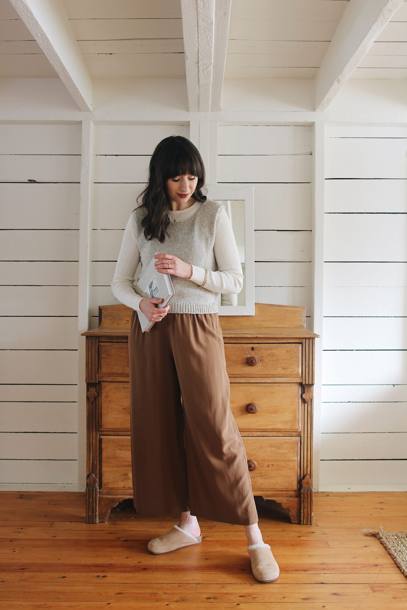 KNIT VEST, LONG SLEEVE, SILK PANTS AND SLIPPERS - Style Bee