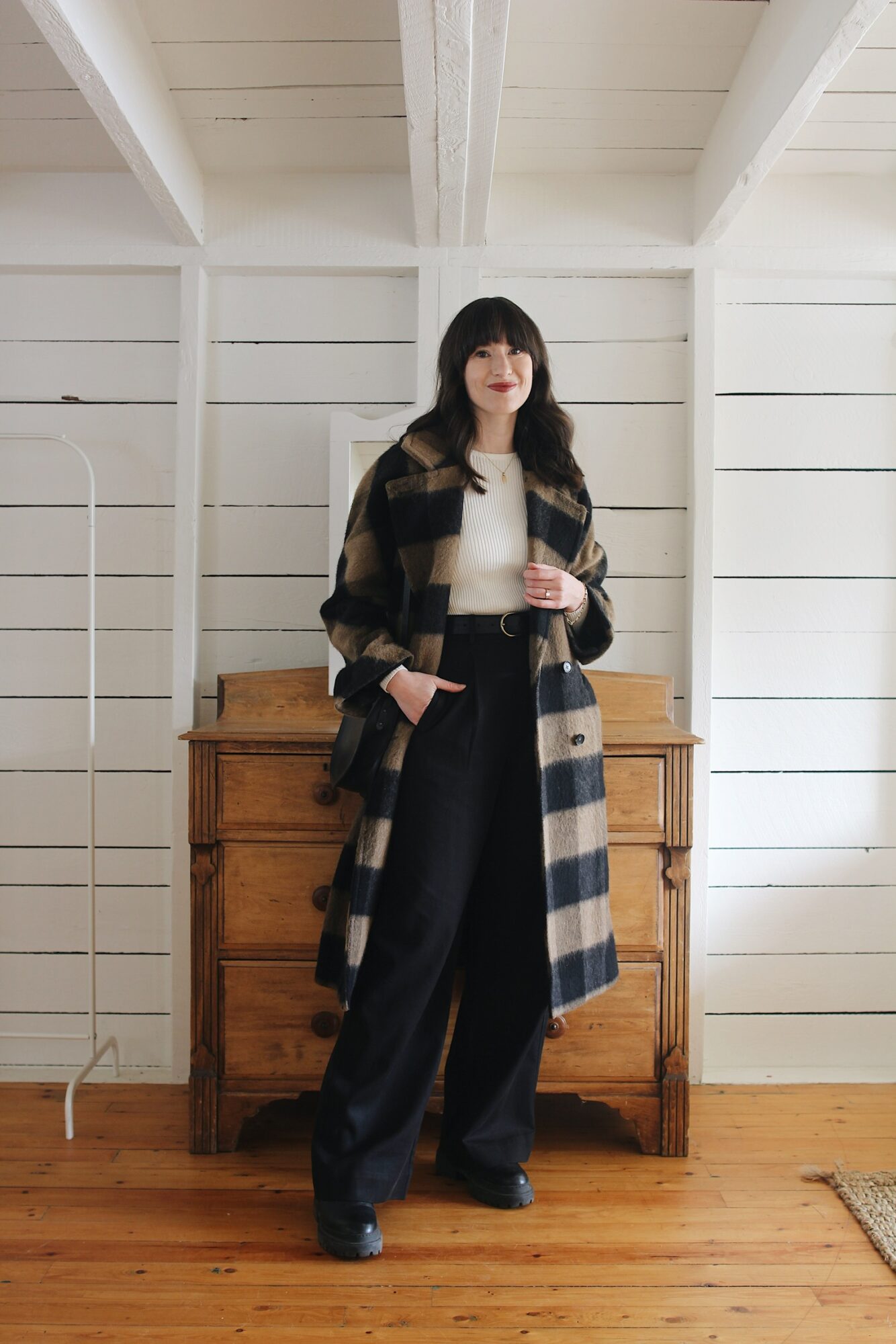 CHECK COAT, RIBBED KNIT, TROUSERS AND CHUNKY BOOTS - Style Bee