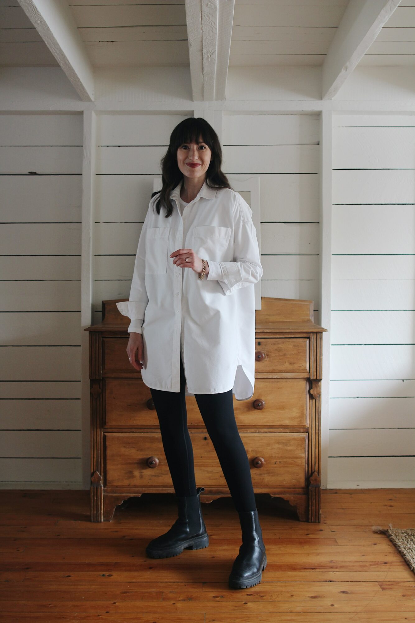 OVERSIZE WHITE SHIRT, LEGGINGS, CAMEL COAT AND CHUNKY BOOTS - Style Bee