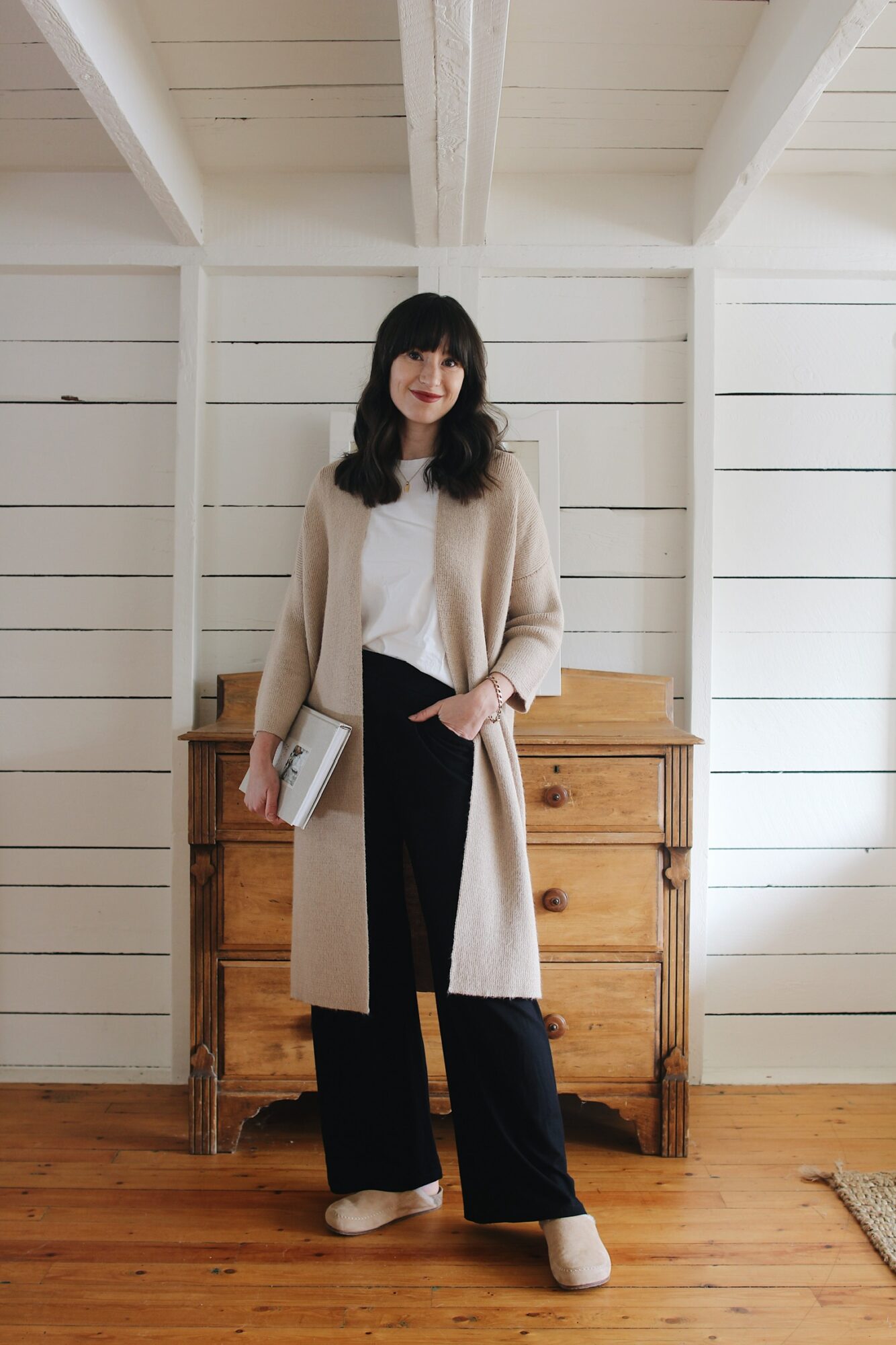 LONG CAMEL KNIT, WHITE TEE, BLACK WIDE LEG PANTS AND SUEDE CLOGS