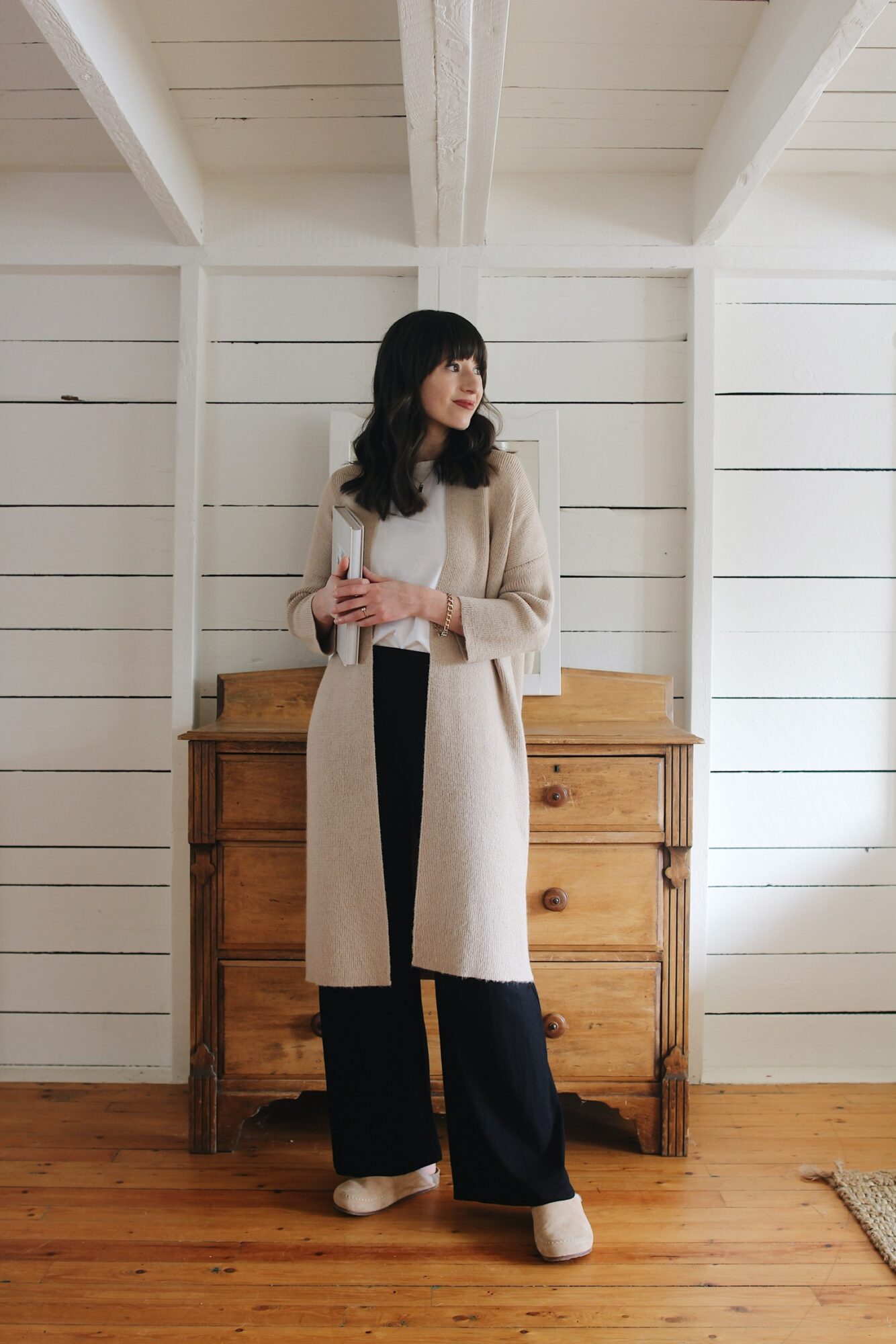 LONG CAMEL KNIT, WHITE TEE, BLACK WIDE LEG PANTS AND SUEDE CLOGS ...