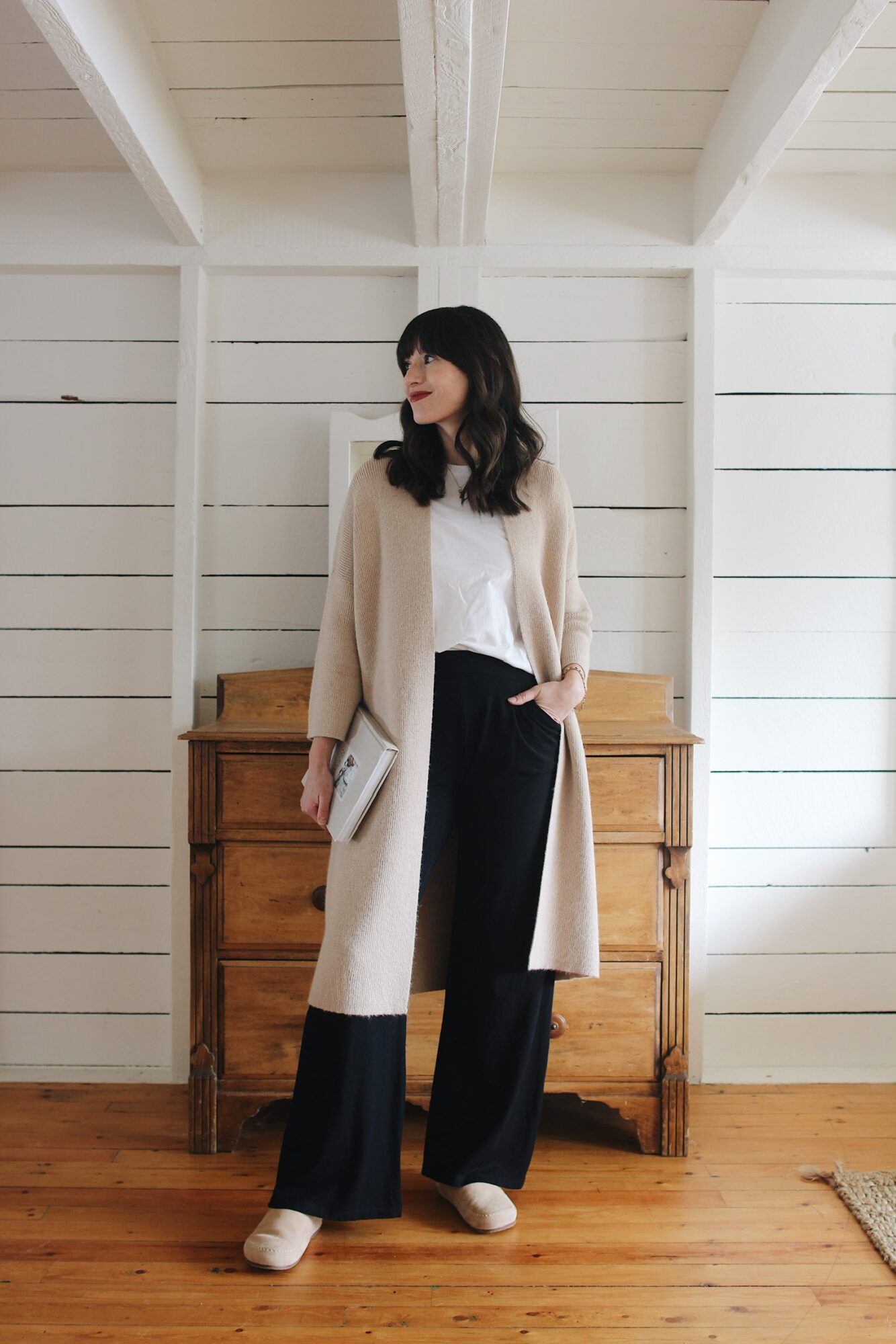 LONG CAMEL KNIT, WHITE TEE, BLACK WIDE LEG PANTS AND SUEDE CLOGS