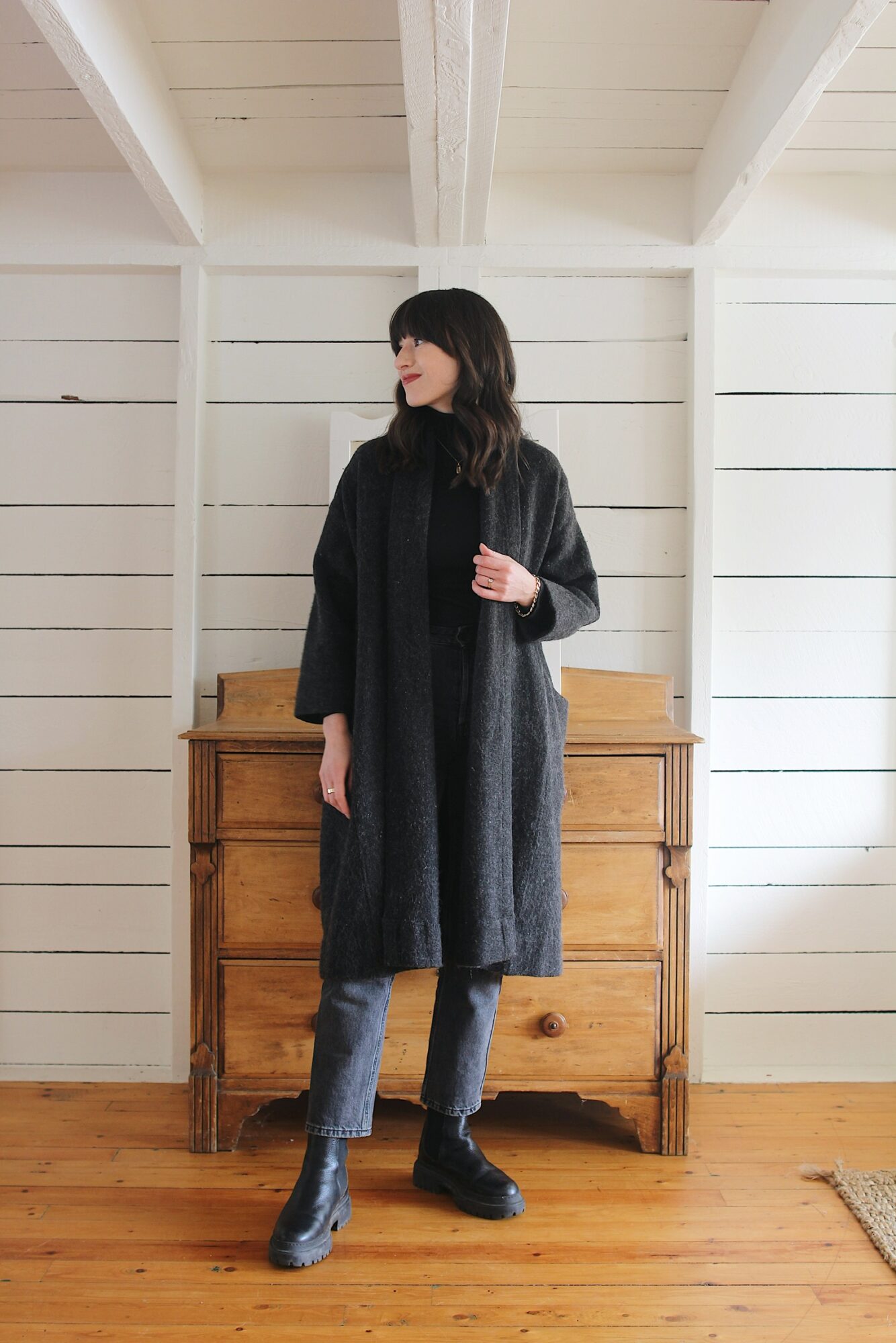 Style Bee - SWEATER COAT, WASHED BLACK DENIM & CHUNKY BOOTS